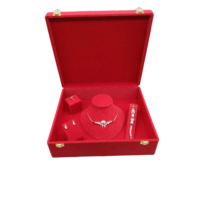 Yeni Yerli Üretim Keten Kumaş Kırmızı Renk 35/30/10 cm Takı Sergileme Saklama Kutusu