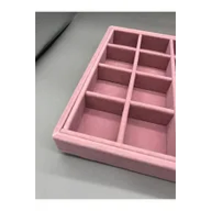Yerli Mdf Üzerine Kumaş Kaplama Süet Pembe 24 Bölmeli Takı Tablası