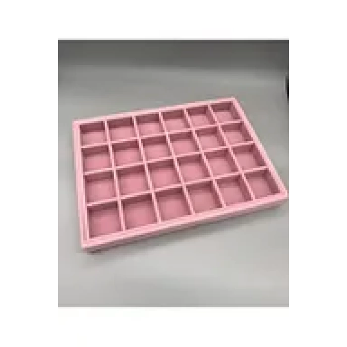 Yerli Mdf Üzerine Kumaş Kaplama Süet Pembe 24 Bölmeli Takı Tablası