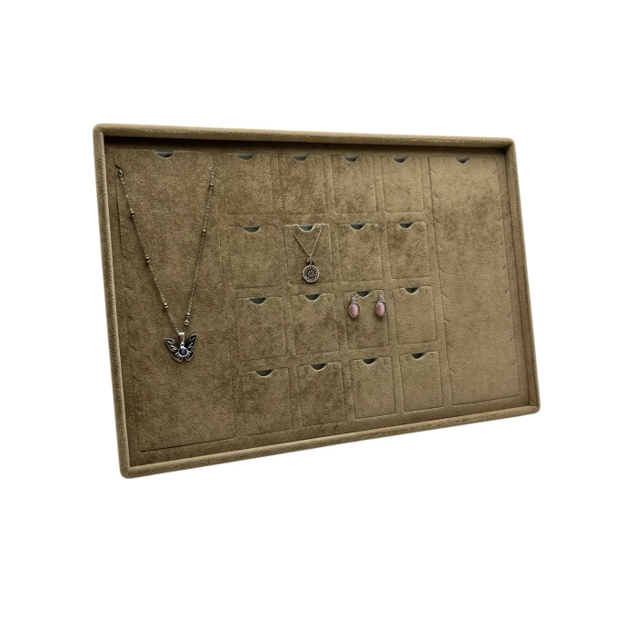 Yerli Üretim Brüksel Model Enine Süet Kumaş Sütlü Kahve 34-24 Cm Ayaklı Üçlü Set Tabla Stand