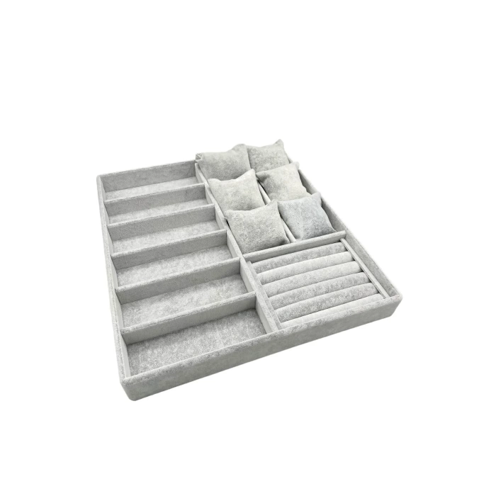 Yerli Üretim Miami Model Süet Kumaş Gri Renk 38Cm /34 Cm Mix Takı Sergileme Çekmece İçi Stand