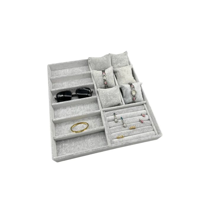 Yerli Üretim Miami Model Süet Kumaş Gri Renk 38Cm /34 Cm Mix Takı Sergileme Çekmece İçi Stand
