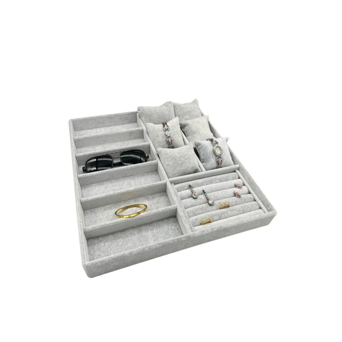 Yerli Üretim Miami Model Süet Kumaş Gri Renk 38Cm /34 Cm Mix Takı Sergileme Çekmece İçi Stand