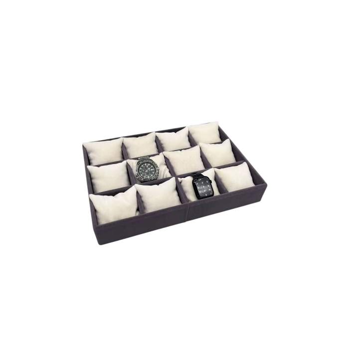 Yerli Üretim Süet Kumaş Füme-Krem Renk 34/24 Cm Yastıklı Çekmece İçi Yastıklı Saat Ve Takı Kutusu