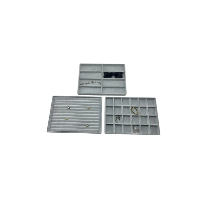 Yerli Üretim Süet Kumaş Gri Renk 34/24 cm 3 lü Takım Çekmece İçi Takı Tablası