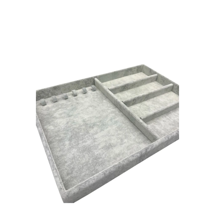 Yerli Üretim Süet Kumaş Gri Renk 34/24 cm Tırnaklı-Bölmeli Çekmece İçi Takı Standı