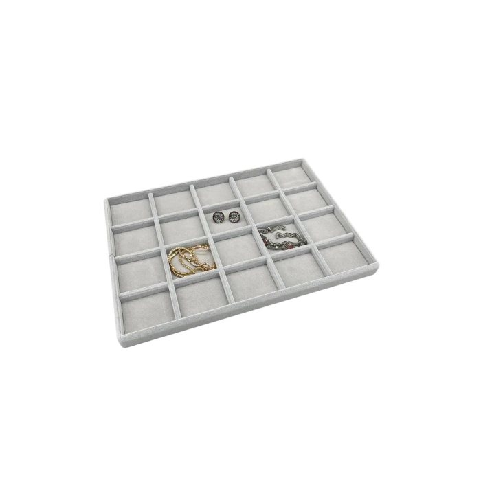 Yerli Üretim Süet Kumaş Gri Renkli 34/24 Cm 20 Bölmeli Çekmece Içi Takı Standı