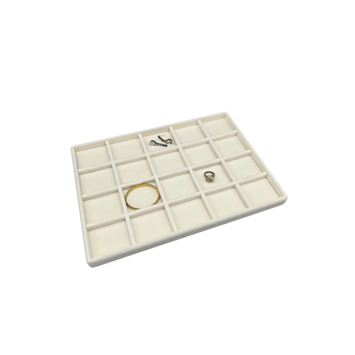 Yerli Üretim Süet Kumaş Krem Renk 34/24 cm 20 Bölmeli Çekmece İçi Takı Standı