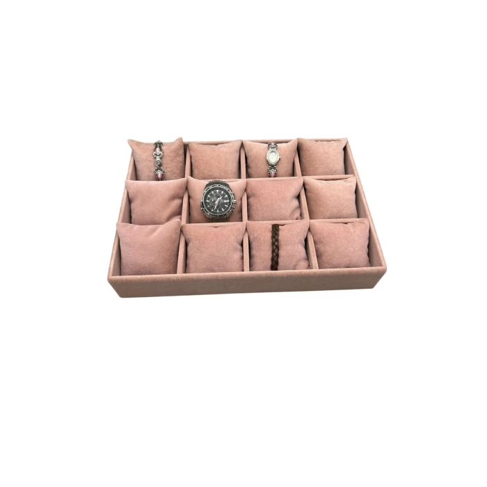 Yerli Üretim Süet Kumaş Pembe Renk 34/24 cm 12 Yastıklı Çekmece İçi Takı Kutusu