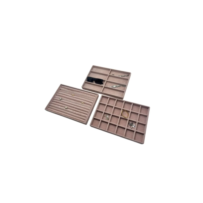 Yerli Üretim Süet Kumaş Pembe Renk 34/24 cm 3 lü Takım Çekmece İçi Takı Tablası
