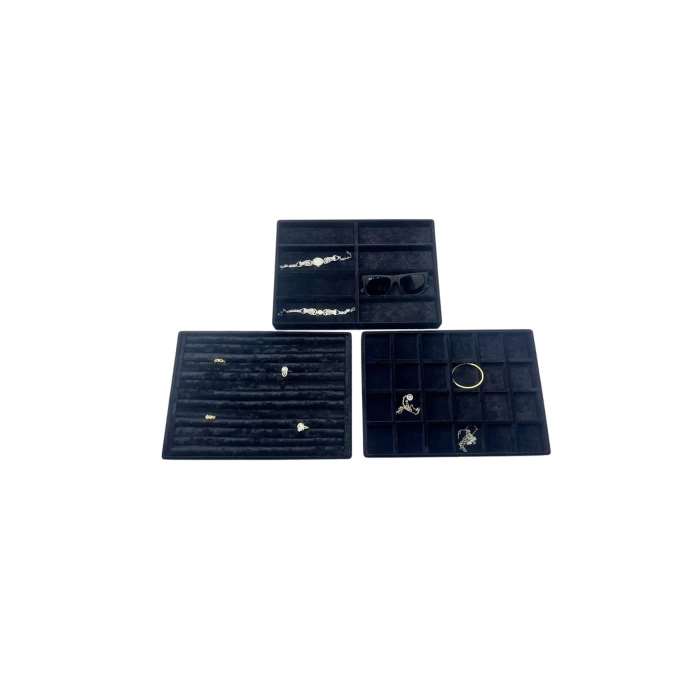 Yerli Üretim Süet Kumaş Siyah Renk 34/24 cm 3 lü Takım Çekmece İçi Takı Tablası