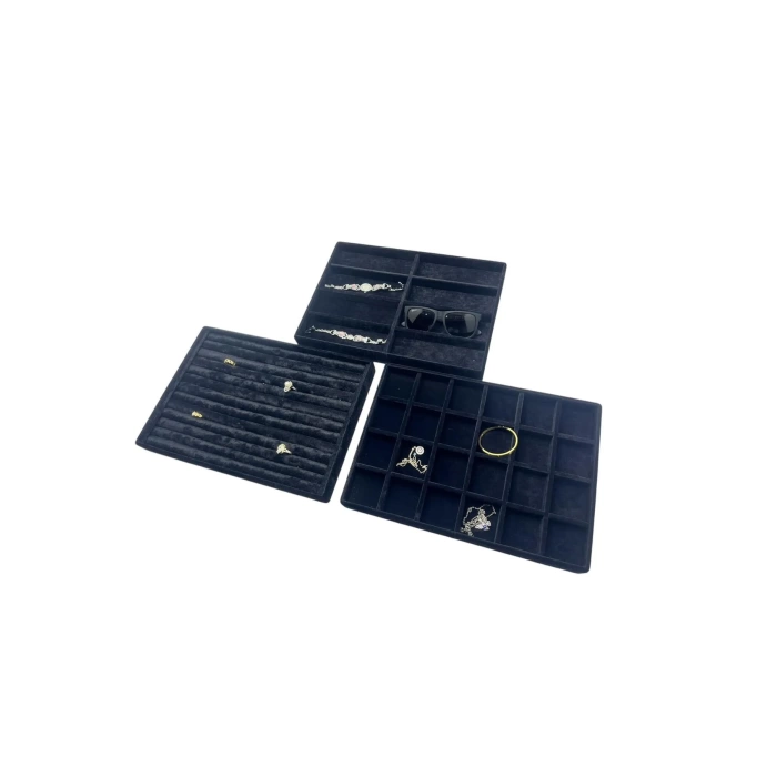 Yerli Üretim Süet Kumaş Siyah Renk 34/24 cm 3 lü Takım Çekmece İçi Takı Tablası