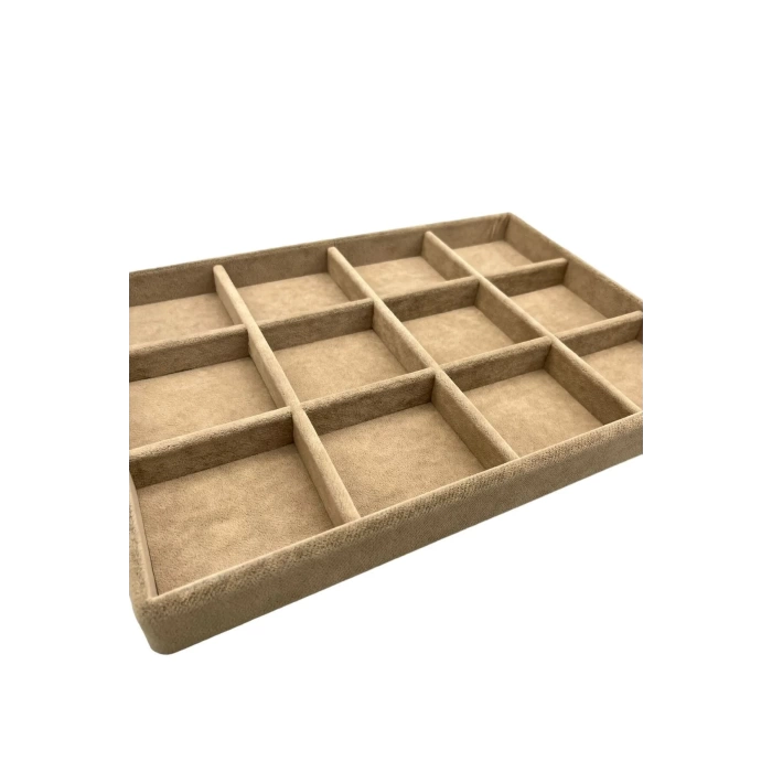 Yerli Üretim Süet Kumaş Sütlü Kahve Renk 34 Cm / 24 Cm 12 Bölmeli Çekmece Içi Takı Standı