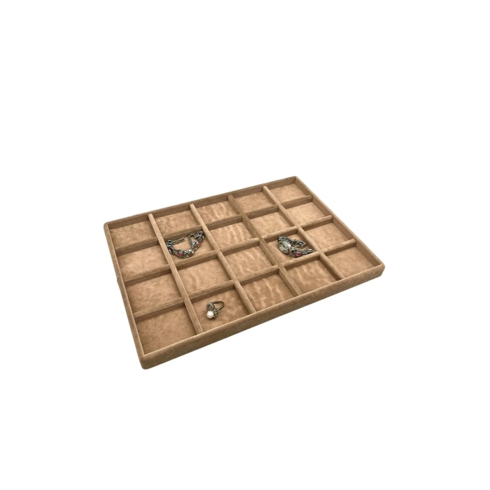 Yerli Üretim Süet Kumaş Sütlü Kahve Renkli 34/24 cm 20 Bölmeli Çekmece İçi Takı Standı