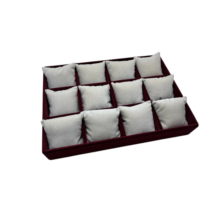 Yerli Üretim Tokyo Model Süet Kumaş Bordo -Beyaz Renk 34/24 Cm Yastıklı Saat Ve Takı Kutusu