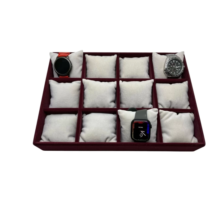 Yerli Üretim Tokyo Model Süet Kumaş Bordo -Beyaz Renk 34/24 Cm Yastıklı Saat Ve Takı Kutusu