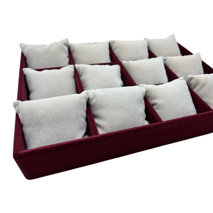 Yerli Üretim Tokyo Model Süet Kumaş Bordo -Beyaz Renk 34/24 Cm Yastıklı Saat Ve Takı Kutusu