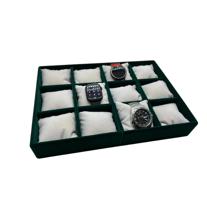 Yerli Üretim Tokyo Model Süet Kumaş Yeşil-Beyaz Renk 34/24 Cm Yastıklı Saat Ve Takı Kutusu
