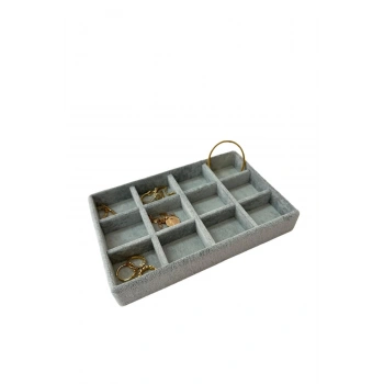 Küçük Boy Süet Kumaş Gri Renk 12 Bölmeli Takı Sergileme Çekmece Içi Standı