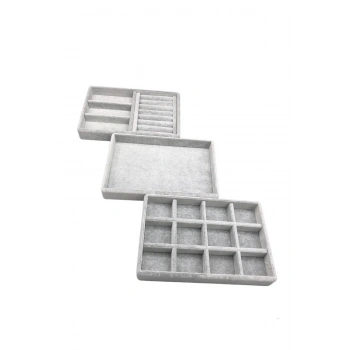 Süet Kumaş Gri Renk 3 Lü Takım Çekmeçe Içi Takı Standı