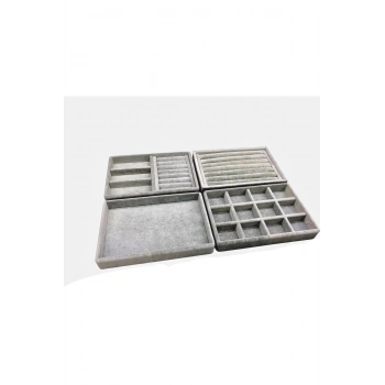 Süet Kumaş Gri Renk 4 lü Takım Çekmeçe İçi Takı Standı