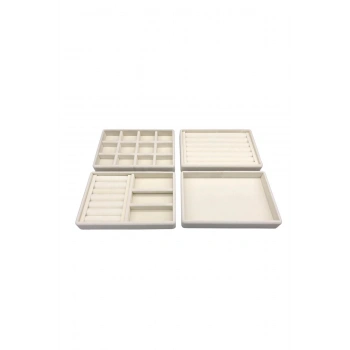 Süet Kumaş Krem Renk 4 Lü Takım Çekmeçe Içi Takı Standı