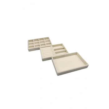 Süet Kumaş Krem Renk 3 lü Takım Çekmeçe İçi Takı Standı