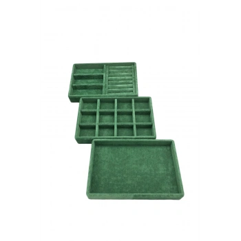 Süet Kumaş Yeşil Renk 3 lü Takım Çekmeçe İçi Takı Standı