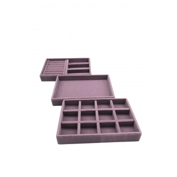 Süet Kumaş Lila Renk 3 Lü Takım Çekmeçe İçi Takı Standı