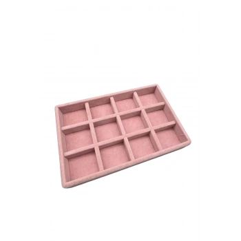 Süet Kumaş Pembe Renk 22/14 Cm 12 Bölmeli Takı Sergileme Tablası