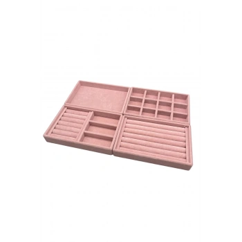 Süet Kumaş Pembe Renk 4 lü Takım Çekmeçe İçi Takı Standı