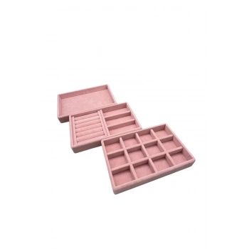 Süet Kumaş Pembe Renk 3 lü Takım Takı Sergileme Standı