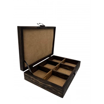 Ahşap El Boyaması Çift Renk 17x24 Cm Deri  Kapak 6 Bölmeli Takı  Standı