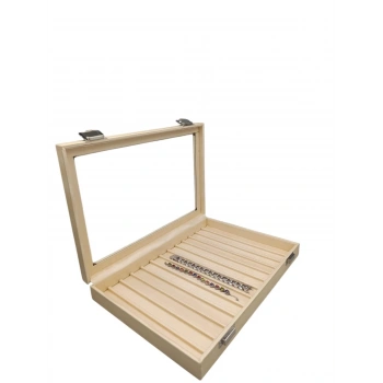 Yeni Cam Kapaklı İmera Deri Kumaş Krem Renk 34 cm / 24 cm Bölmeli Kolye-Bileklik Tablası