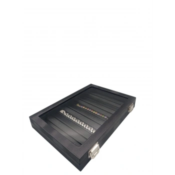 Yeni Cam Kapaklı İmera Deri Kumaş Siyah Renk 34 cm / 24 cm Bölmeli Kolye-Bileklik Tablası