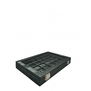 Yeni Cam Kapaklı İmera Deri Kumaş Yeşil Renk 34 cm / 24 cm Bölmeli Tırnaklı Yüzük Tablası