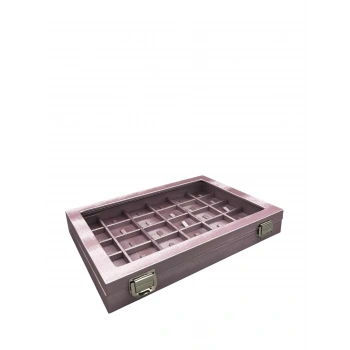 Yeni Cam Kapaklı İmera Deri Kumaş Pembe Renk 34 cm / 24 cm Bölmeli Tırnaklı Yüzük Tablası