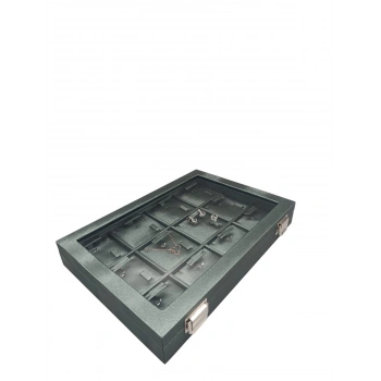 Yeni Cam Kapaklı İmera Deri Kumaş Yeşil Renk 34 cm / 24 cm Bölmeli Kolye Tablası