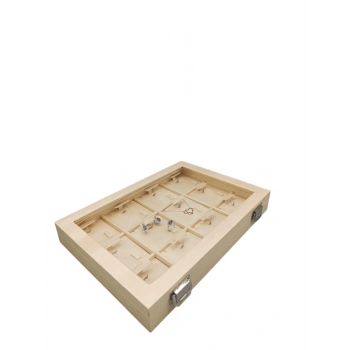 Yeni Cam Kapaklı Imera Deri Kumaş Krem Renk 34 Cm / 24 Cm Bölmeli Kolye Kutusu