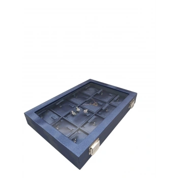 Yeni Cam Kapaklı İmera Deri Kumaş Lacivert Renk 34 cm / 24 cm Üçlü Set Tablası