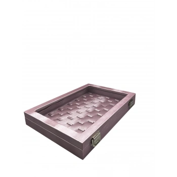 Yeni Cam Kapaklı İmera Deri Kumaş Pembe Renk 34 cm / 24 cm Tırnaklı Yüzük Tablası