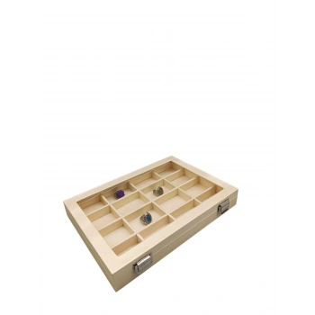 Yeni Cam Kapaklı İmera Deri Kumaş Krem Renk 34 cm / 24 cm Bölmeli Tırnaklı Yüzük Tablası