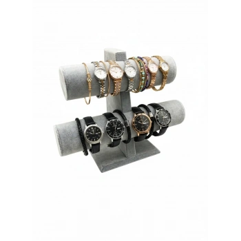 İki Kademeli Süet Kaplama Gri Renk 26/18 Cm Saat Bileklik Sergileme Standı