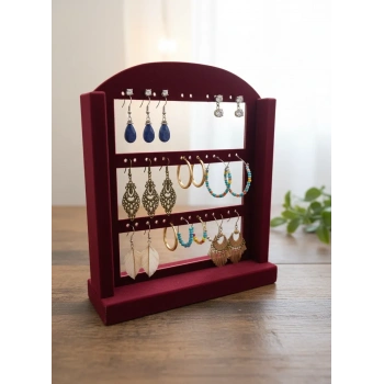 Süet Kumaş Bordo Renk 26/12 cm Ayaklı Küpe Standı