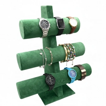 Üç Kademeli Süet Kumaş Yeşil Renk 31/28 cm Bileklik-Saat Sergileme Standı
