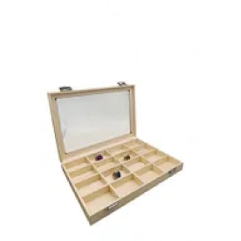 Yeni Cam Kapaklı İmera Deri Kumaş Krem Renk 34 cm / 24 cm Bölmeli Tırnaklı Yüzük Tablası