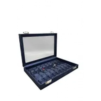 Yeni Cam Kapaklı İmera Deri Kumaş Lacivert Renk 34 cm / 24 cm Tırnaklı Yüzük Tablası