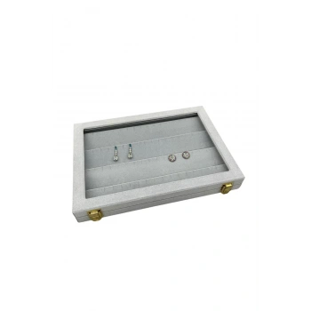 Yeni Cam Kapaklı Süet Kumaş Gri Renk 34 cm / 24 cm Küpe Sergileme Standı