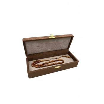 Yeni Kapaklı Keten Kumaş Kahve 25 cm / 10 cm Tesbih Sergileme Kutusu