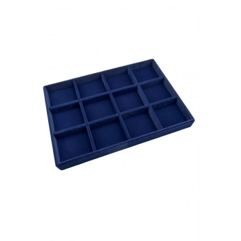 Süet Kumaş Lacivert Renk 34 Cm / 24 Cm On iki Bölmeli Çekmece İçi Takı Standı